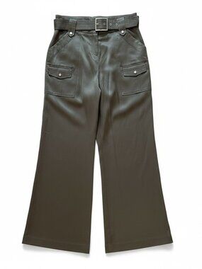 Cache Wide Leg Cargo Lightweight Satiny Poly/Cotton Spandex Olive Green 12